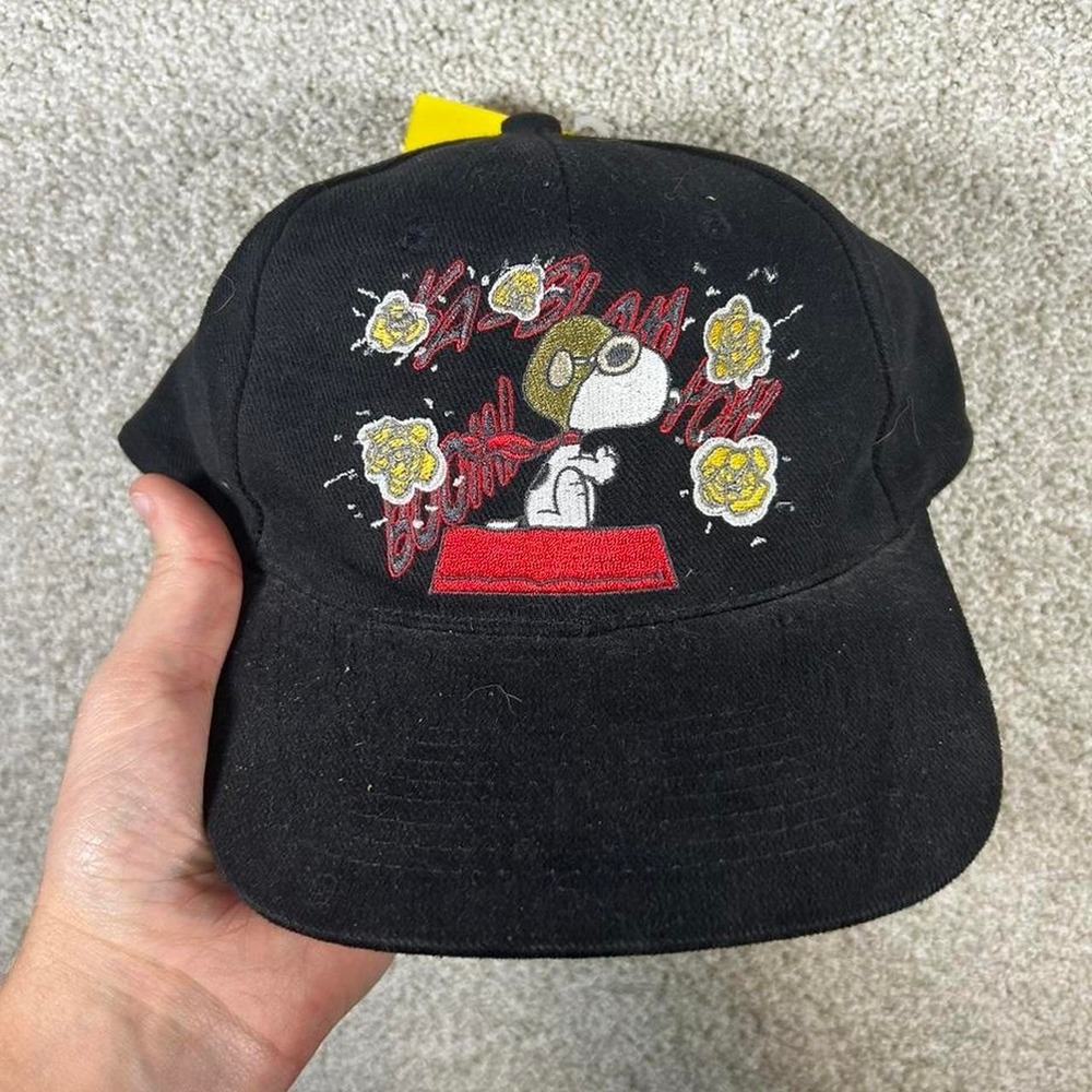 Vintage 90s Peanuts Snoopy red baron wool black strap back hat cap